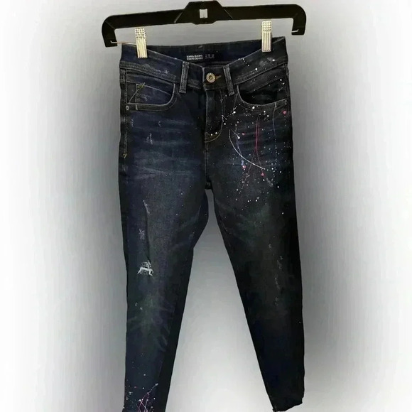 Zara paint splatter dark wash skinny jeans. Girls size 24 perfect condition. - Picture 1 of 13